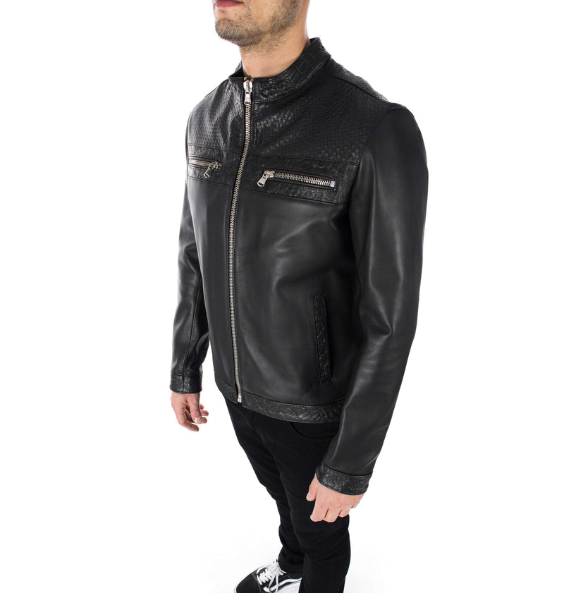 Italian handmade Men genuine lambskin leather jacket color 3 kind of black Black SMOOTH, WOVEN,CROCODILE Embossed