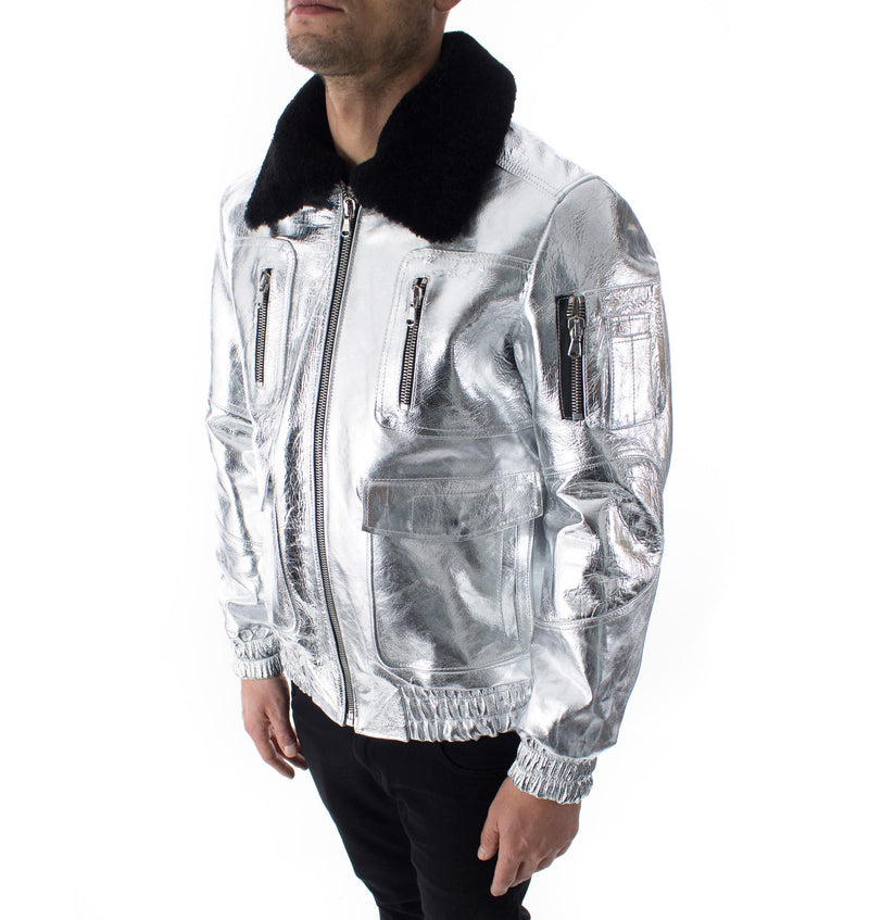 Italian handmade Men aviator  Bomber genuine leather jacket comfortable fit metallic silver sheepskin fur collar S to 2XL