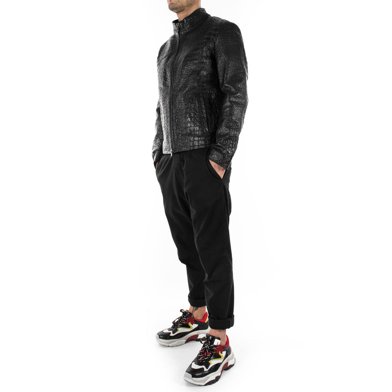 Italian handmade Men genuine lambskin leather jacket alligator crocodile Black