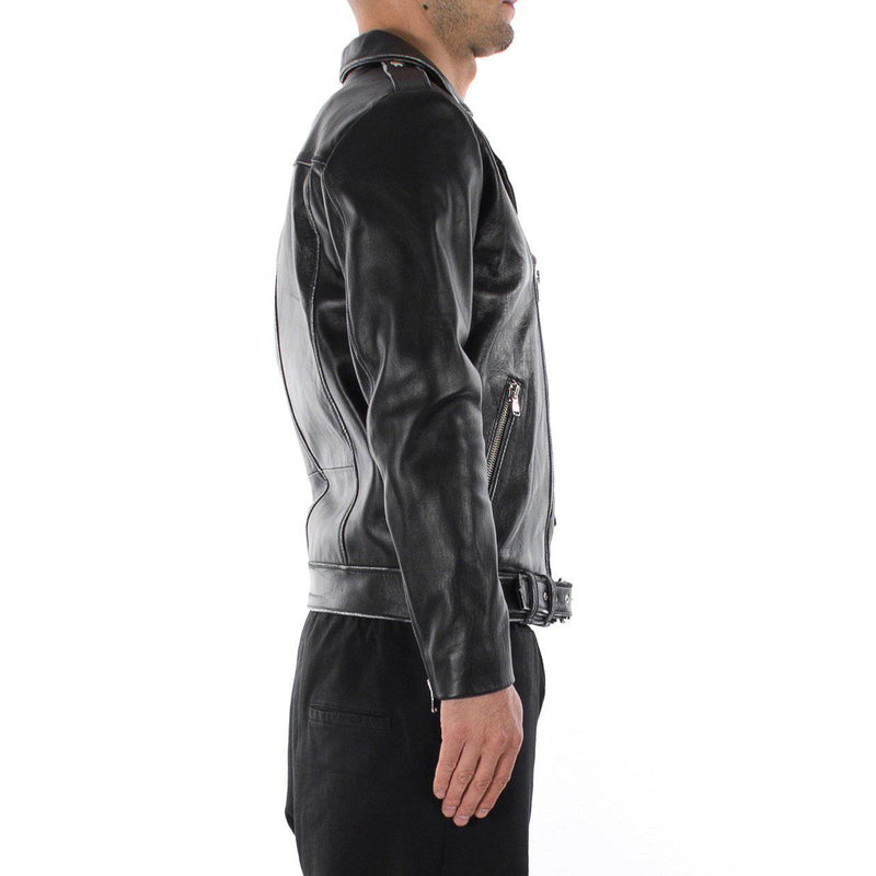 Italian handmade Men genuine lambskin leather biker jacket slim fit vintage Black