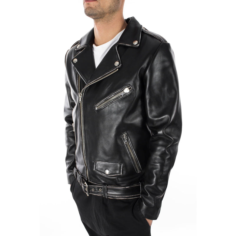 Italian handmade Men genuine lambskin leather biker jacket slim fit vintage Black