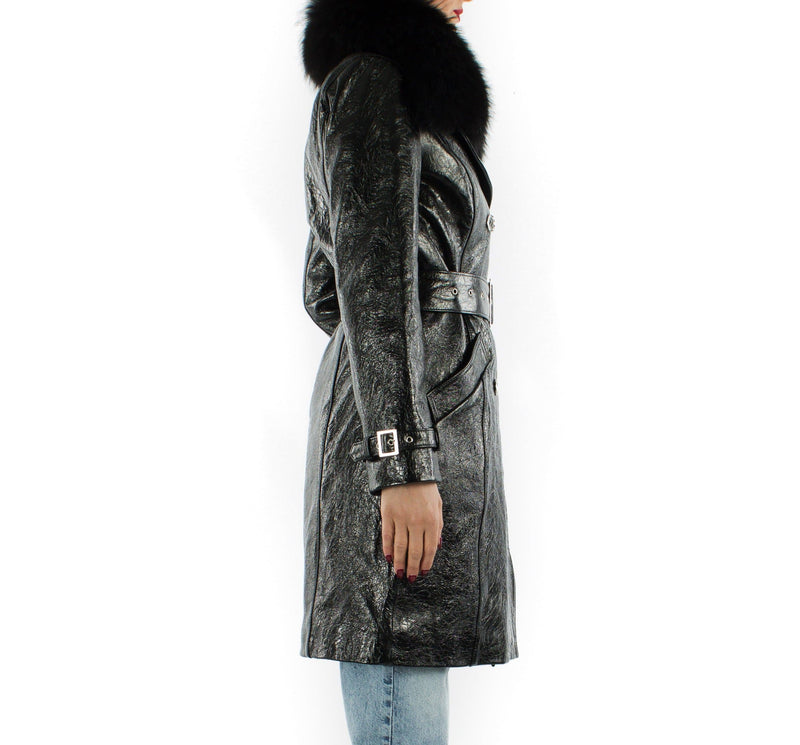 Italian handmade Women genuine soft patent black lambskin leather trench coat genuine removable fox fur collar