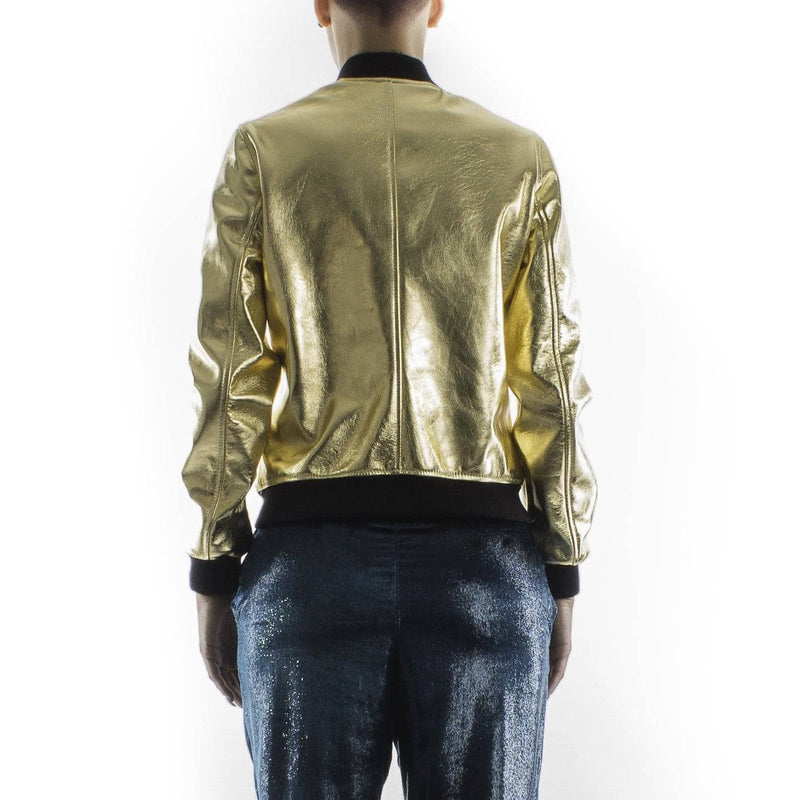 Italian handmade Women genuine lambskin leather bomber jacket METALLIC GOLD