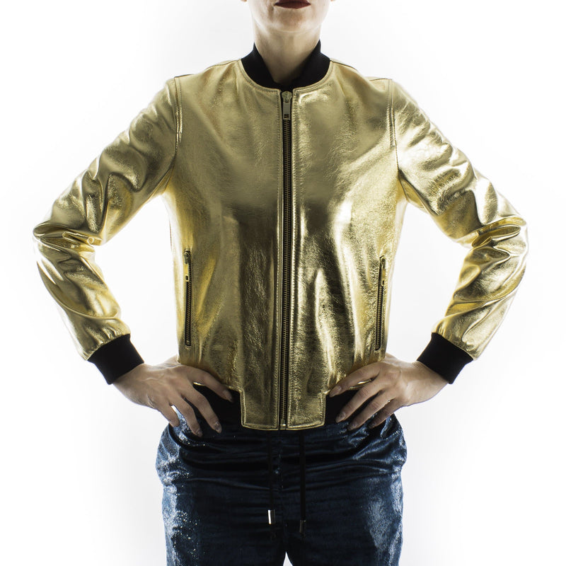 Italian handmade Women genuine lambskin leather bomber jacket METALLIC GOLD