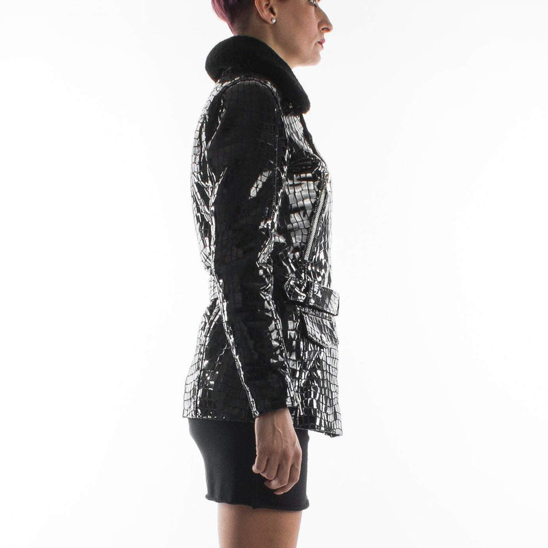 Italian handmade Women genuine leather long biker jacket slim fit shiny patent black crocodile print shearling collar