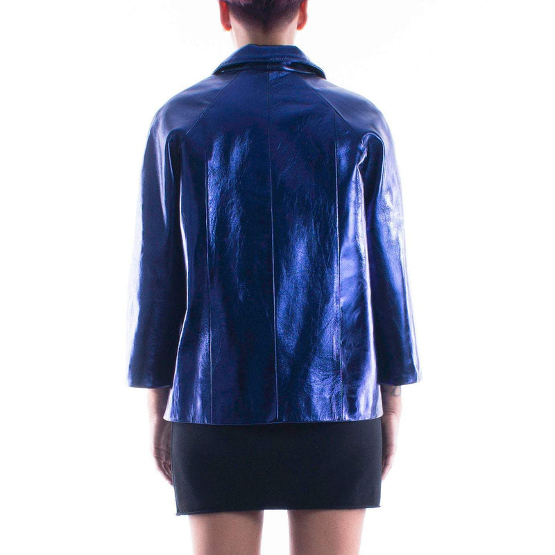 Italian handmade Women genuine lambskin leather jacket color Metallic Blue size M