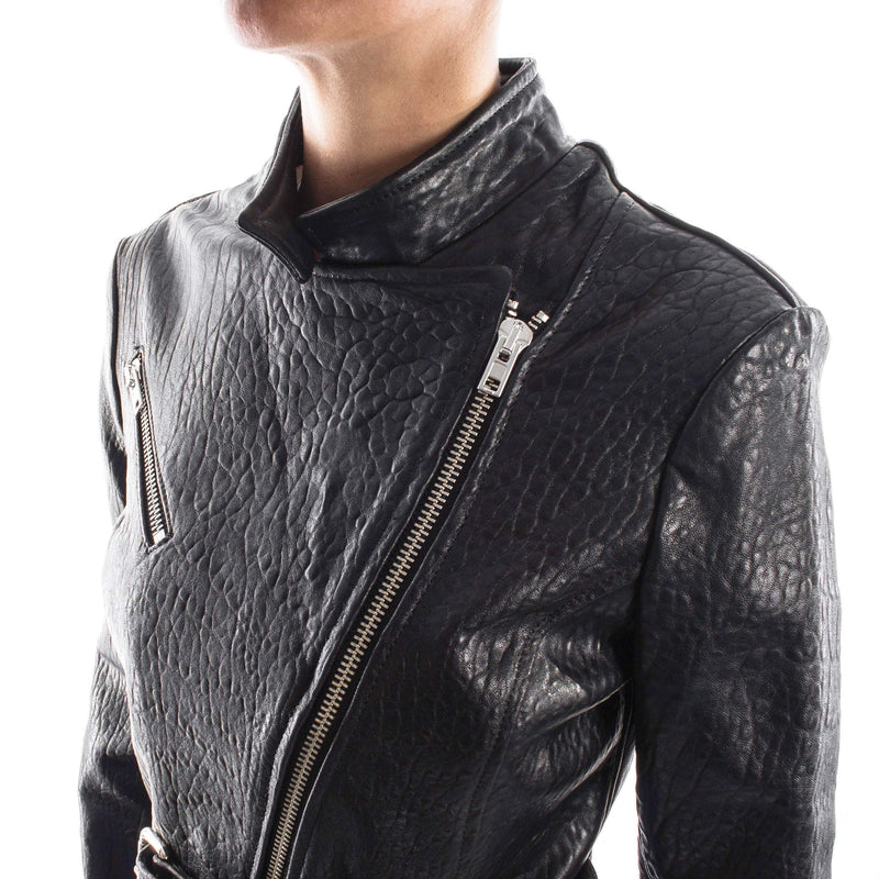 Italian handmade Women genuine lambskin leather biker jacket color natural grainy black
