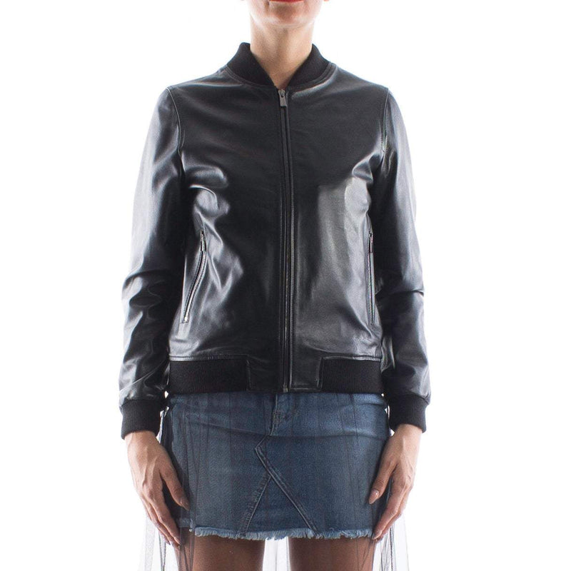 Italian handmade Women soft genuine lambskin leather bomber jacket Black