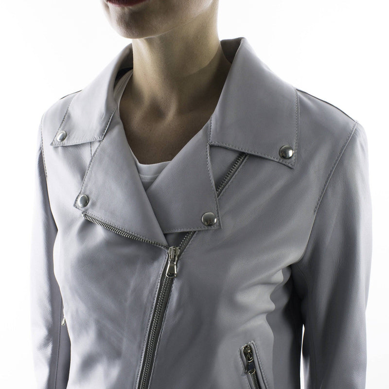 Italian handmade Women soft genuine lambskin lamb leather biker jacket slim fit color grey
