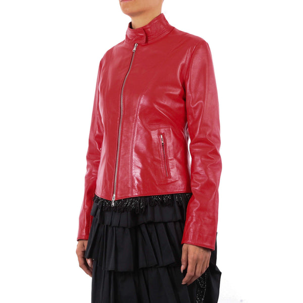 Italian handmade Women soft genuine lambskin leather fitted jacket slim fit color Red