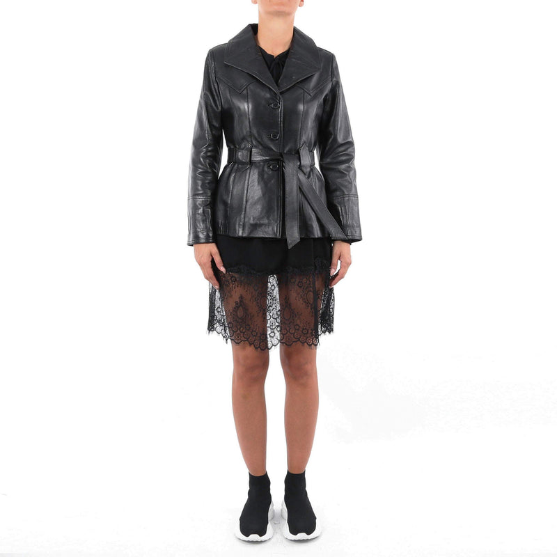 Italian handmade Women soft genuine lambskin leather belted coat jacket  color Black