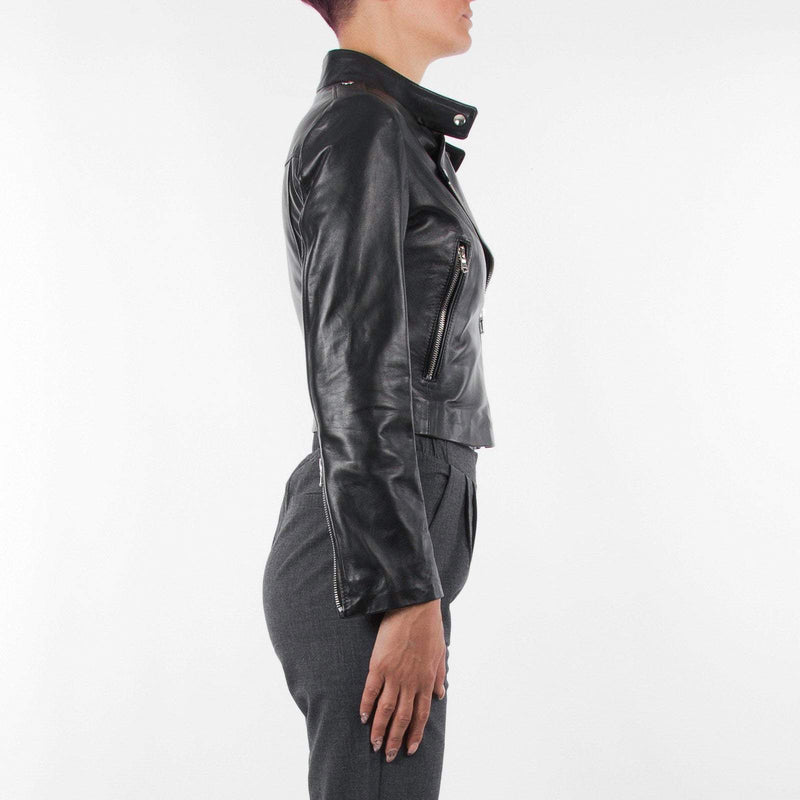 Italian handmade Women genuine soft lambskin leather trendy cropped biker jacket slim fit color Black