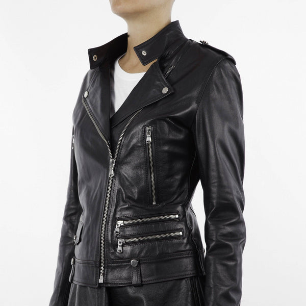 Italian handmade Women genuine lambskin leather biker jacket slim fit black