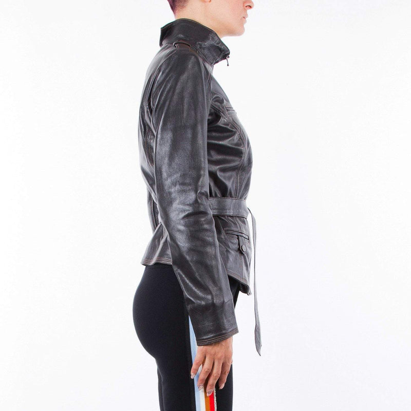 Italian handmade Women genuine soft leather jacket belted slim fit Dark Brown