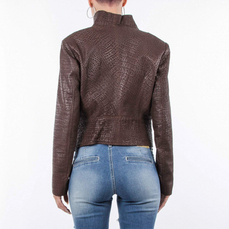 Italian handmade Women genuine soft lambskin leather trendy cropped biker asymmetrical jacket slim fit color vintage crocodile brown