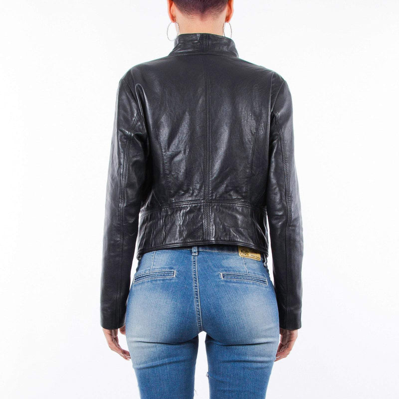 Italian handmade Women genuine soft lambskin leather trendy biker asymmetrical jacket slim fit black