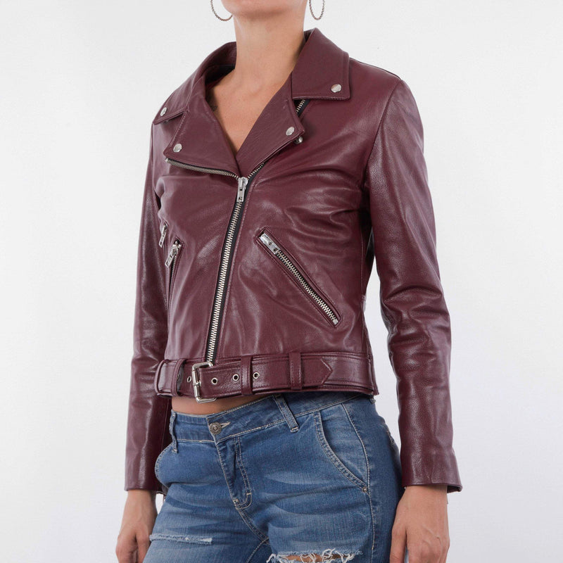 Italian handmade Women genuine leather biker jacket slim fit wine bordeaux