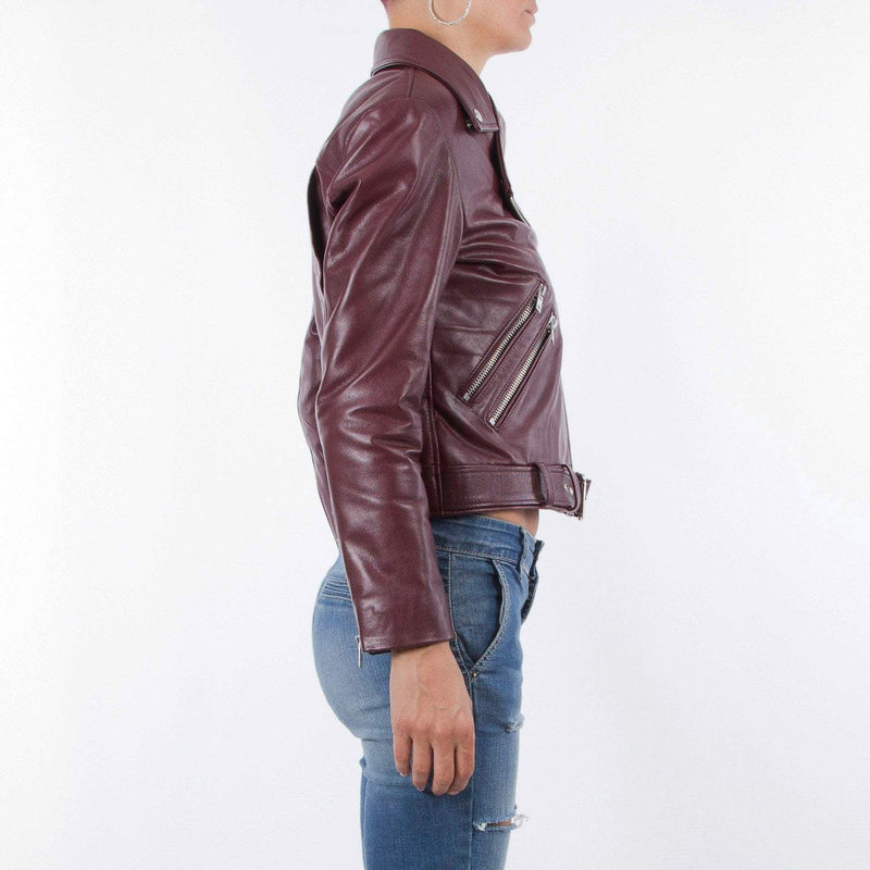 Italian handmade Women genuine leather biker jacket slim fit wine bordeaux