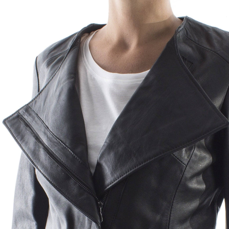 Italian handmade Women genuine soft lambskin leather cropped asymmetrical jacket slim fit color black