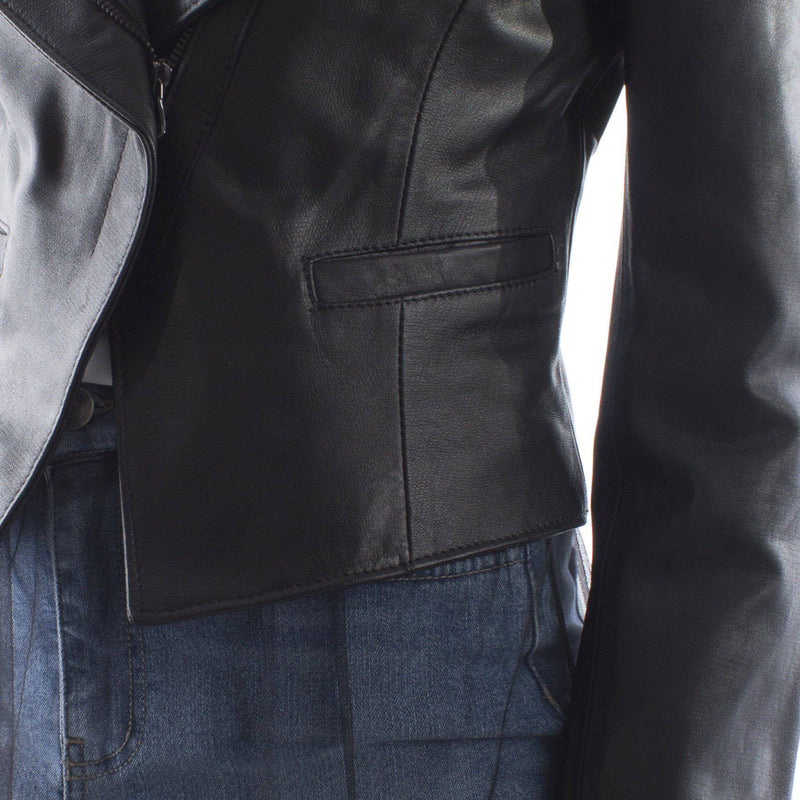 Italian handmade Women genuine soft lambskin leather cropped asymmetrical jacket slim fit color black