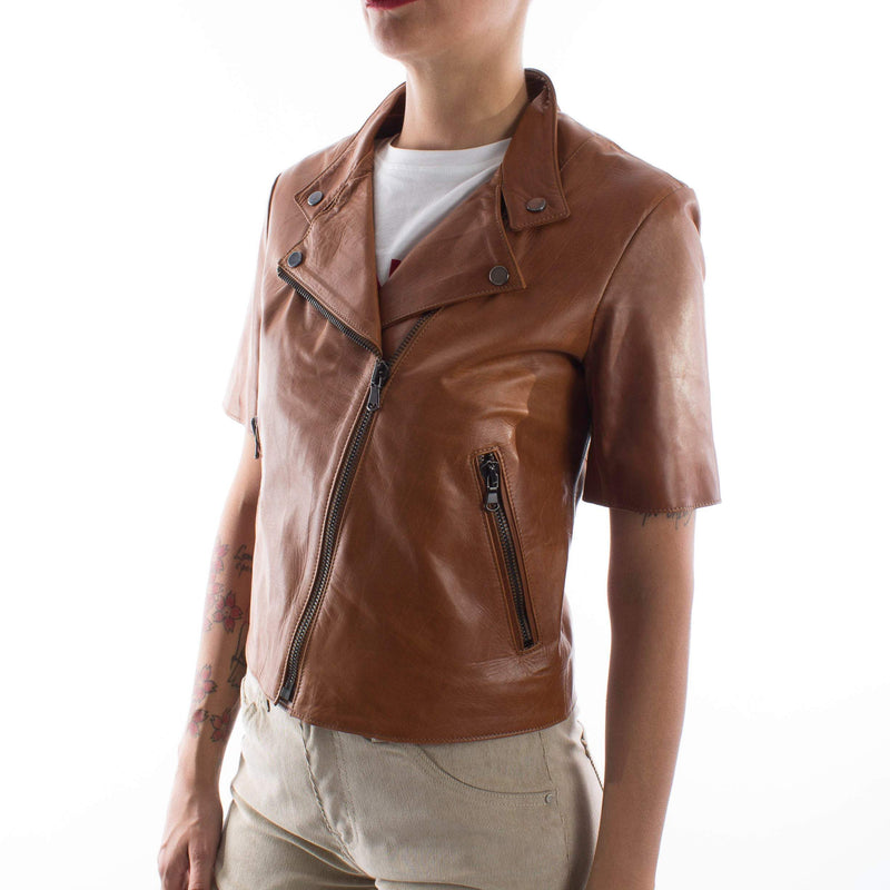 Italian handmade Women genuine calf leather biker jacket slim fit color natural brown