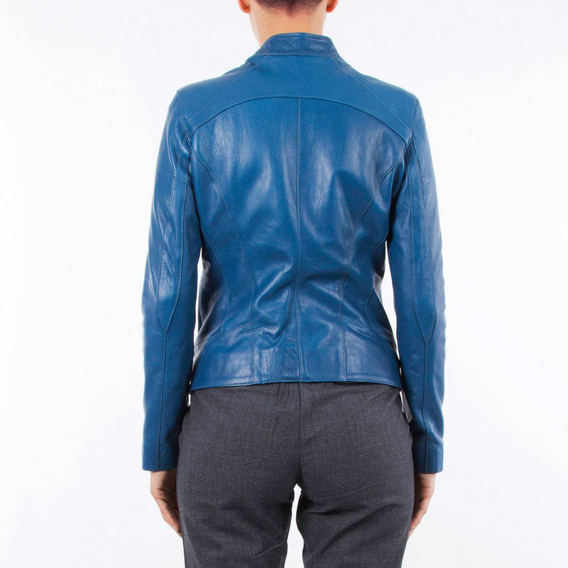 Italian handmade Women genuine soft lambskin leather jacket slim fit blue