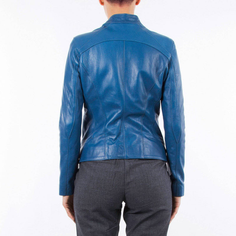 Italian handmade Women genuine soft lambskin leather jacket slim fit blue