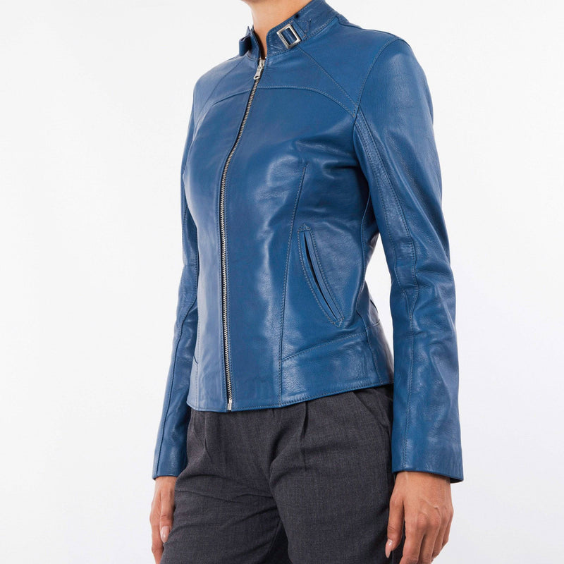 Italian handmade Women genuine soft lambskin leather jacket slim fit blue