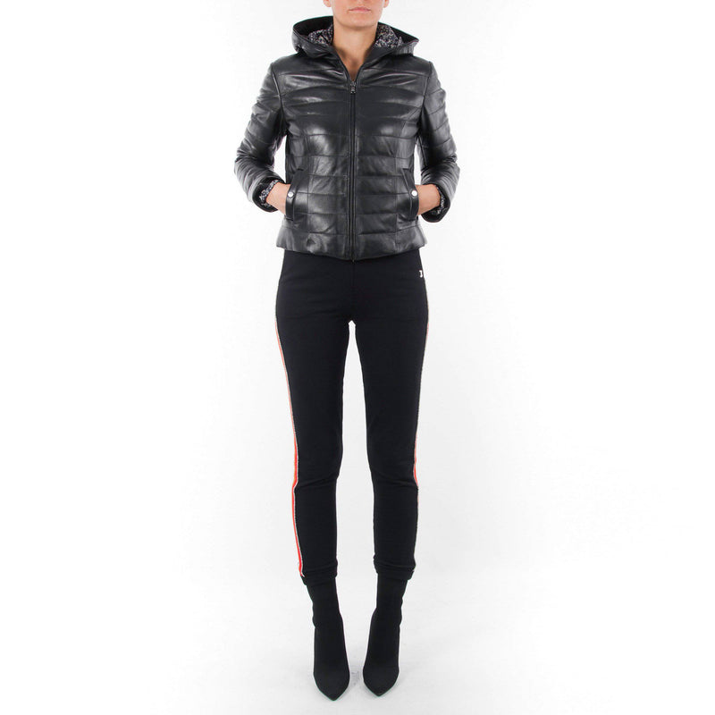Italian handmade Women genuine soft lambskin leather hooded quilted warm jacket slim fit color black