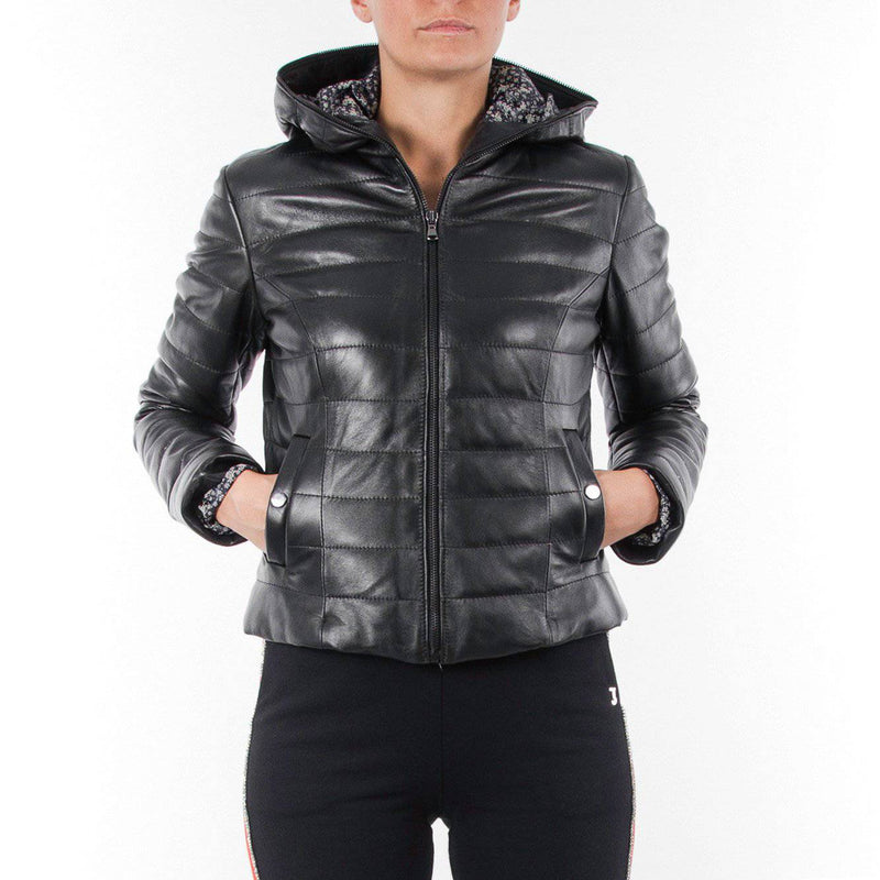 Italian handmade Women genuine soft lambskin leather hooded quilted warm jacket slim fit color black