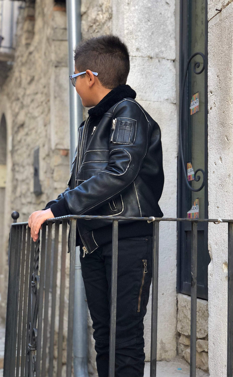 CUSTOMIZED bespoke Italian handmade aviator leather bomber jacket Vintage BLACK sheepskin fur collar kids 7 years to 12 years men S to XXL