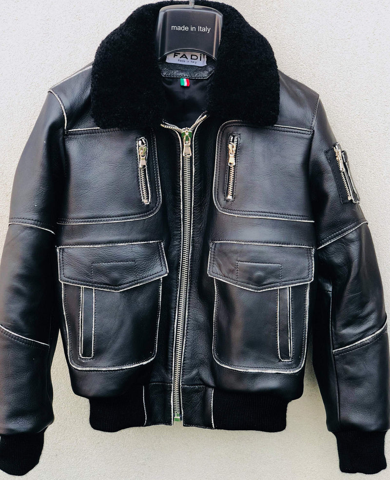 CUSTOMIZED bespoke Italian handmade aviator leather bomber jacket Vintage BLACK sheepskin fur collar kids 7 years to 12 years men S to XXL