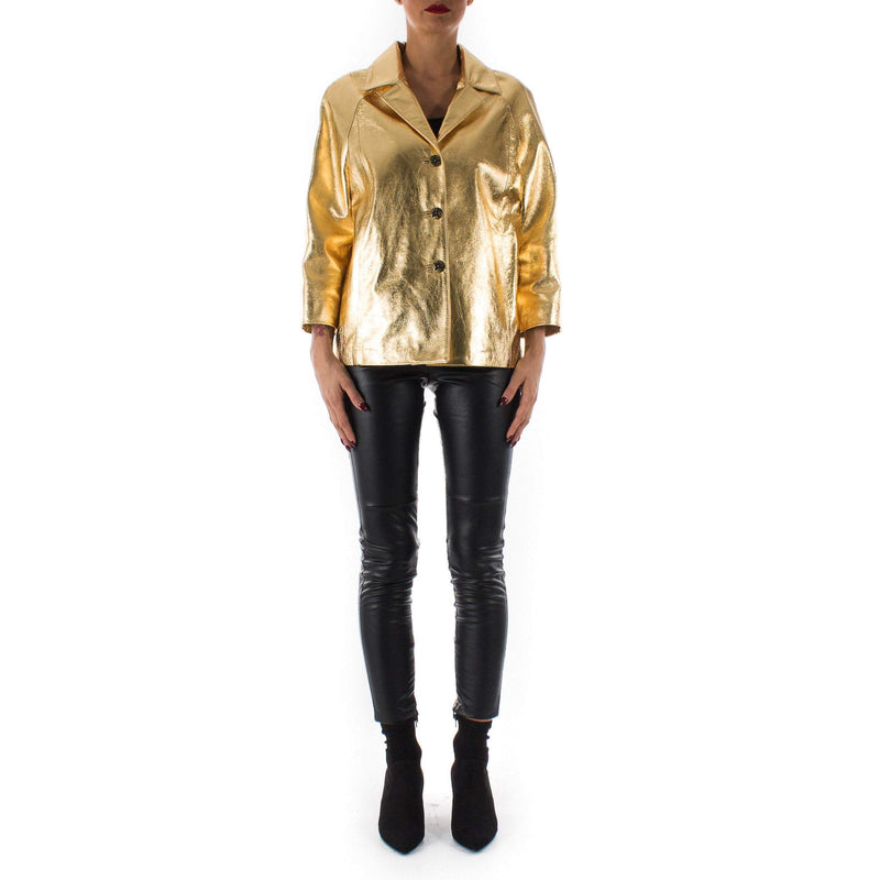 Italian handmade Women genuine lambskin leather jacket color Metallic Gold size M