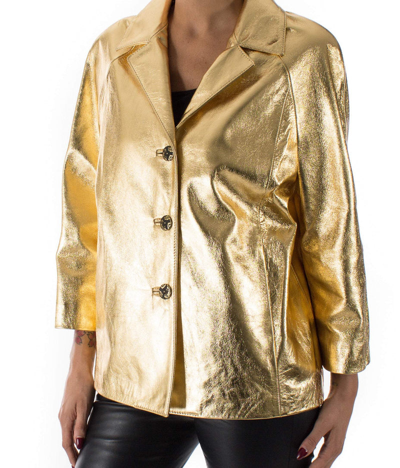 Italian handmade Women genuine lambskin leather jacket color Metallic Gold size M