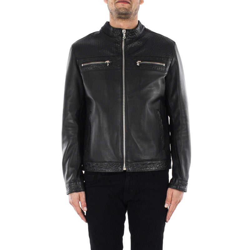 Italian handmade Men genuine lambskin leather jacket color 3 kind of black Black SMOOTH, WOVEN,CROCODILE Embossed