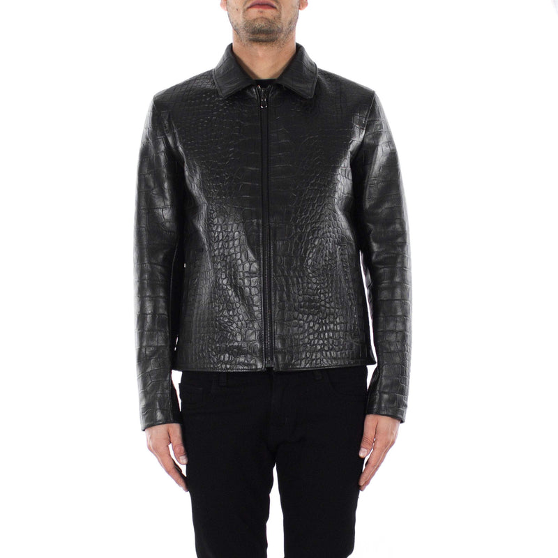 Italian handmade slim fit Men genuine goat leather jacket crocodile black