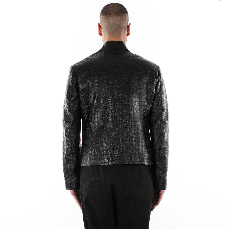 Italian handmade Men genuine lambskin leather jacket alligator crocodile Black