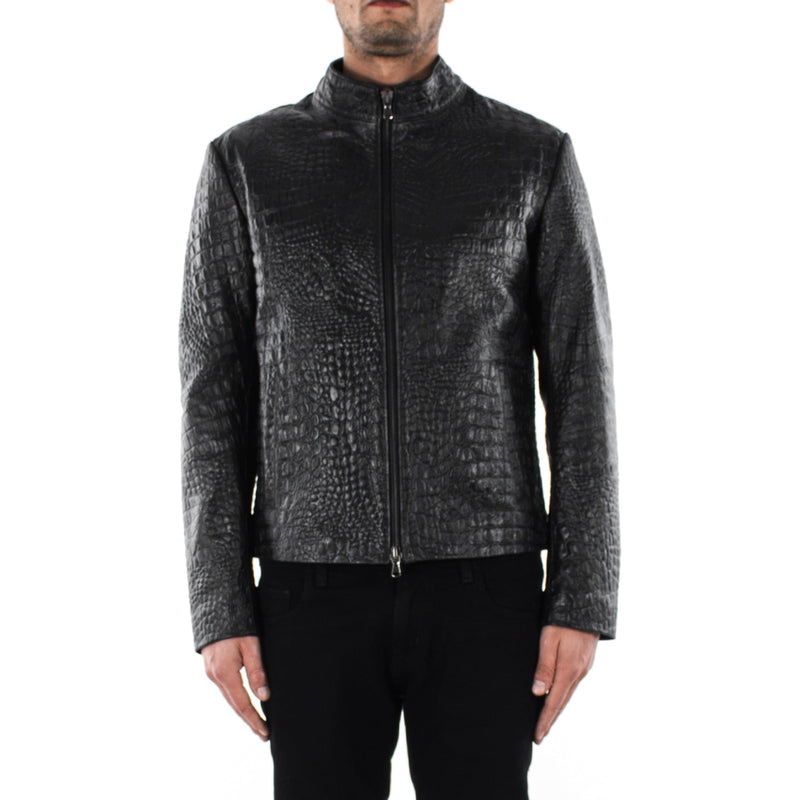 Italian handmade Men leather jacket Black Lambskin embossed alligator  crocodile texture S to 2XL