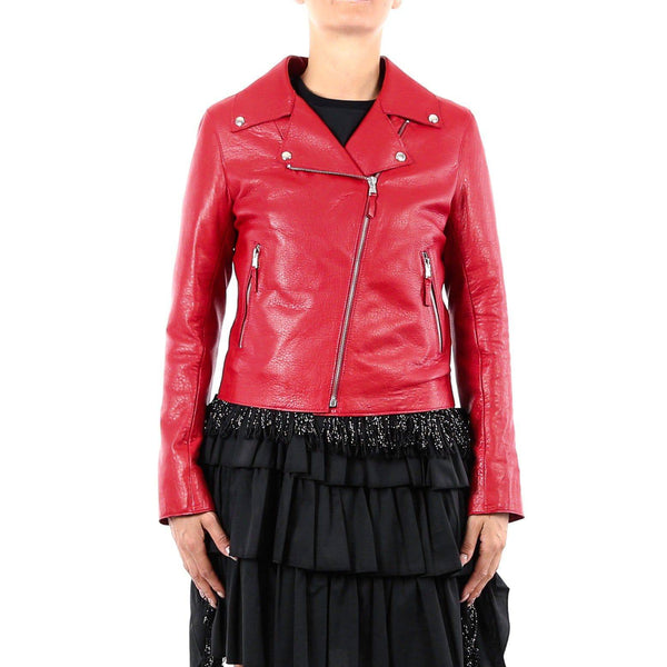 Italian handmade Women soft genuine lambskin lamb leather biker jacket slim fit color natural grainy red