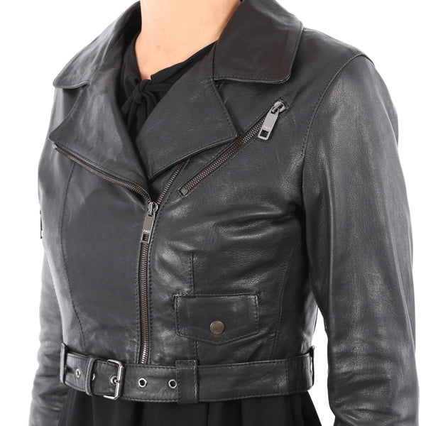 Italian handmade Women genuine leather cropped biker jacket slim fit washed black