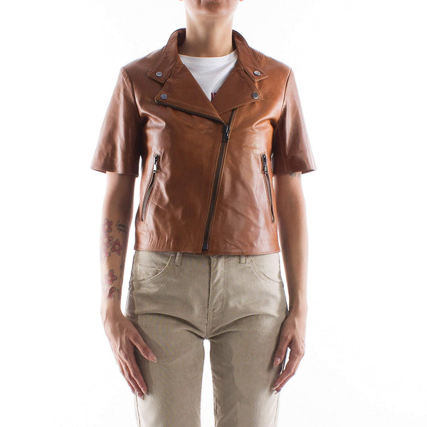 Italian handmade Women genuine calf leather biker jacket slim fit color natural brown