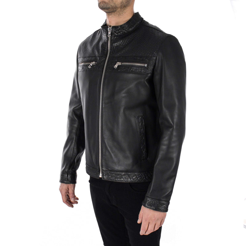 Italian handmade Men genuine lambskin leather jacket color 3 kind of black Black SMOOTH, WOVEN,CROCODILE Embossed