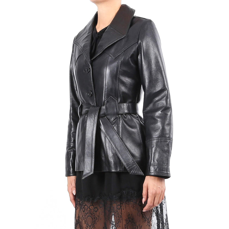 Italian handmade Women soft genuine lambskin leather belted coat jacket  color Black