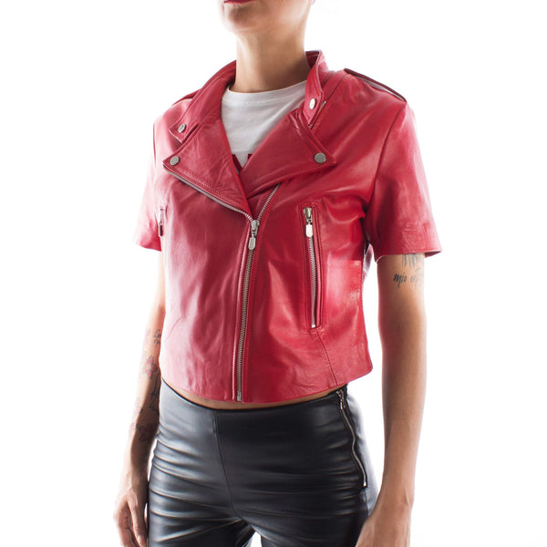 Italian handmade Women soft genuine lambskin leather fitted jacket slim fit color RED short sleeves Light weight