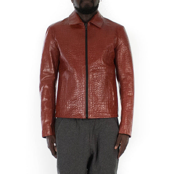 Italian handmade slim fit Men genuine goat leather jacket crocodile cognac brown XS to 2XL