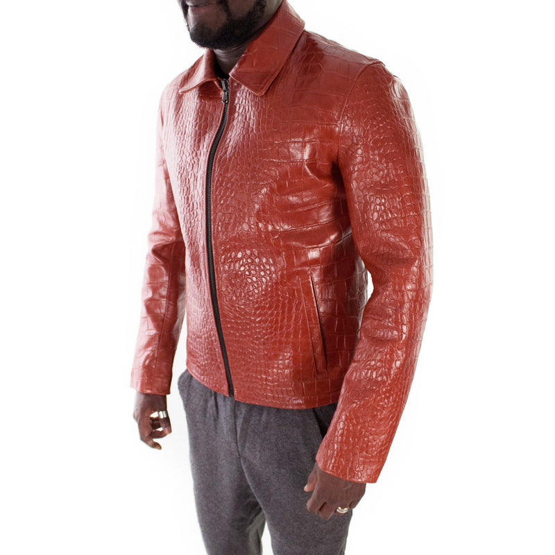 Italian handmade slim fit Men genuine goat leather jacket crocodile cognac brown XS to 2XL