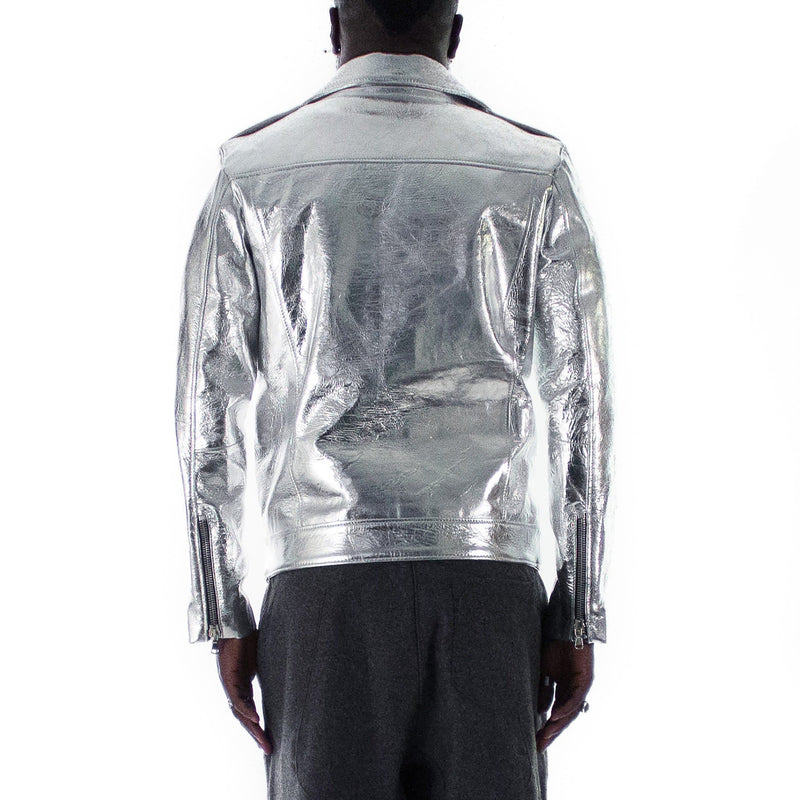 Italian handmade Men genuine leather biker jacket slim fit metallic silver XXS to 2XL