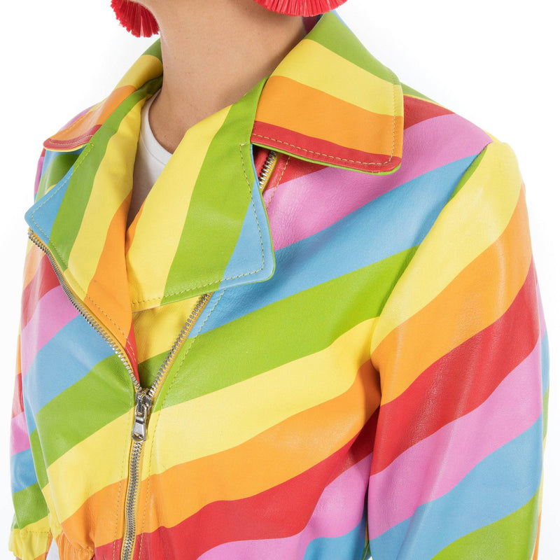 Italian handmade Women genuine soft lambskin leather trendy pride cropped biker jacket slim fit color RAINBOW MULTICOLOR