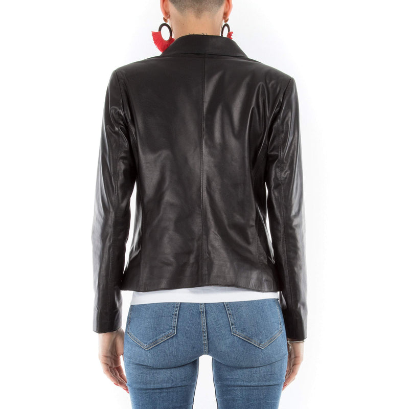 Italian handmade Women genuine soft lambskin leather blazer lightweight jacket slim fit color black