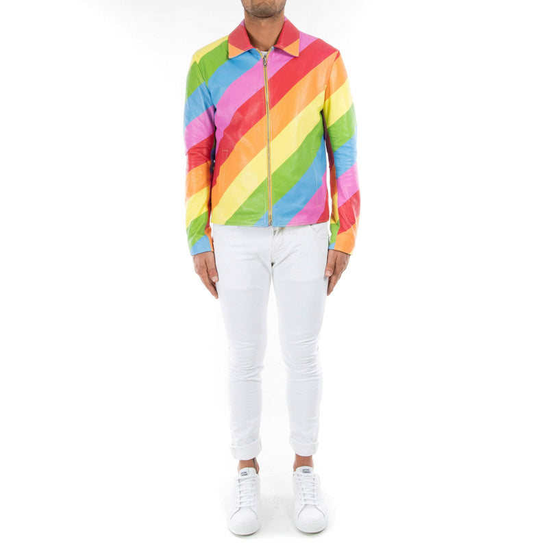 Italian handmade slim fit pride Gay Men genuine Lambskin leather Lightweight jacket Multicolor RAINBOW XS to 2XL